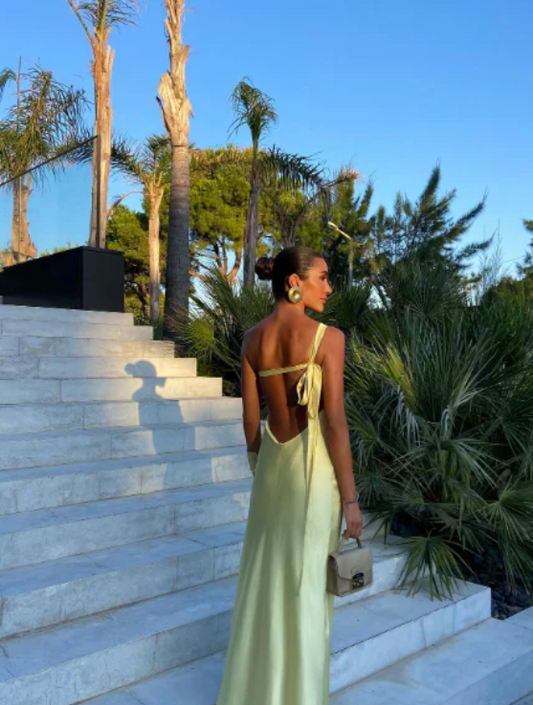 Elegant Yellow Satin Prom Dress One-shoulder Sheath Evening Gown Backless Party Dress Long Formal Dress DP6756