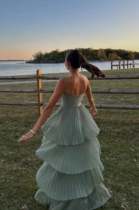 Robe de bal élégante en mousseline de soie, sans bretelles, fourreau, plissée, dos nu, à volants, longue, robe de soirée formelle DP6758