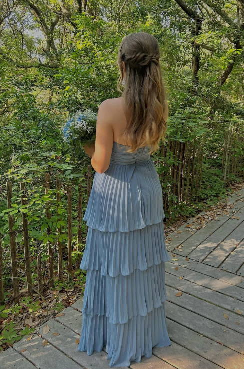 Robe de bal élégante en mousseline de soie, sans bretelles, fourreau, plissée, dos nu, à volants, longue, robe de soirée formelle DP6758