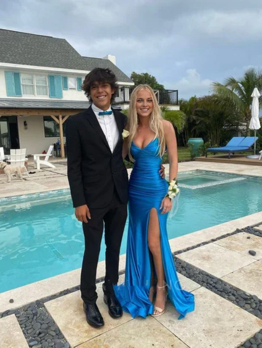 Elegant Blue Sheath Prom Dress Evening Gown High Slit Party Dress Long Formal Dress DP6764