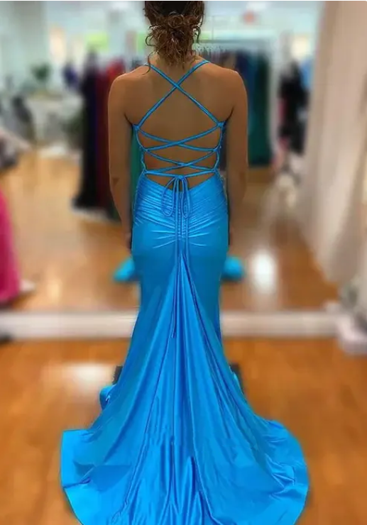 Robe de soirée fourreau bleue élégante, robe longue fendue, robe de soirée formelle DP6764