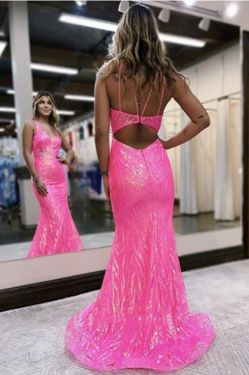 Elegant Sparkling Hot Pink Prom Dress V-neck Mermaid Evening Gown Party Dress Long Formal Dress DP6766