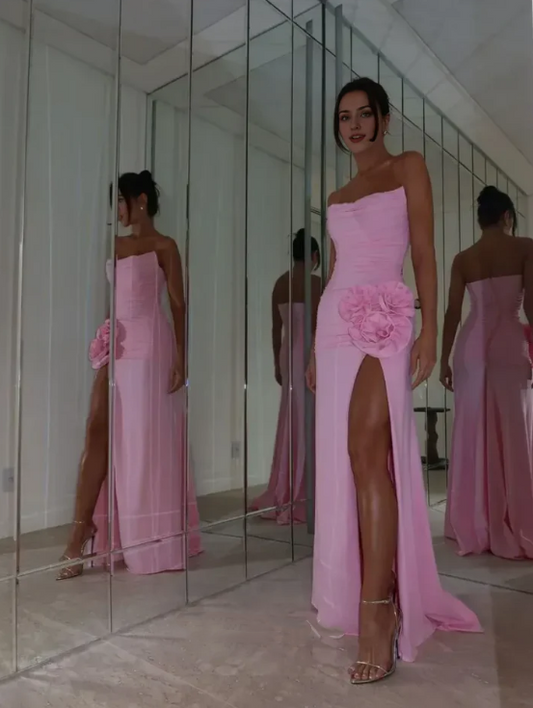 Elegant Pink Strapless Prom Dress Sheath 3D Flower Evening Gown Chiffon High Slit Party Dress Long Formal Dress DP6768