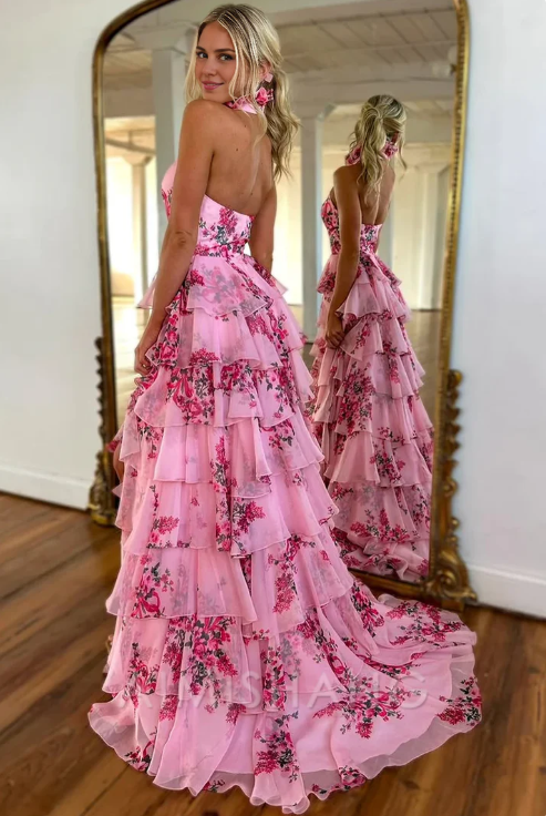 Elegant Pink Floral Prom Dress Halter-neck Evening Gown Chiffon High Slit Party Dress Long Formal Dress DP6769