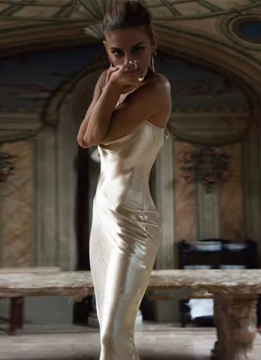 Robe de bal élégante en satin champagne, bretelles spaghetti, robe de soirée fourreau dos nu, robe longue de soirée, DP6770