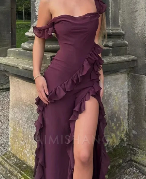 Robe de bal élégante violette à volants, robe de soirée fourreau à fente haute, robe de soirée longue et formelle DP6772