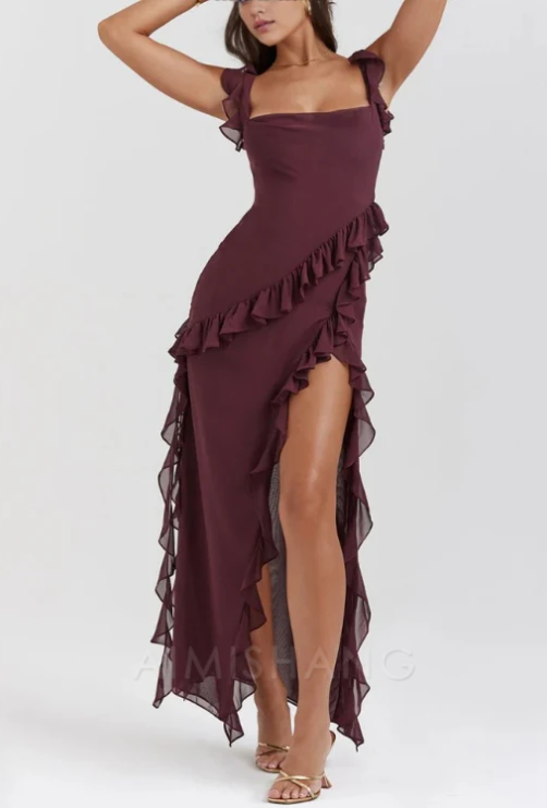 Robe de bal élégante violette à volants, robe de soirée fourreau à fente haute, robe de soirée longue et formelle DP6772