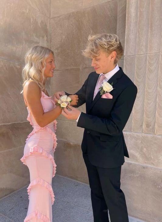 Elegant Pink Ruffled Prom Dress Sheath Evening Gown V-neck Party Dress Long Formal Dress DP6773