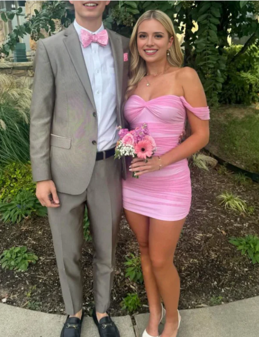 Vintage Pink Sweetheart Off-the-shoulder Sheath Bodycon Homecoming Dress Party Dress Short Cocktail Dress DP6777