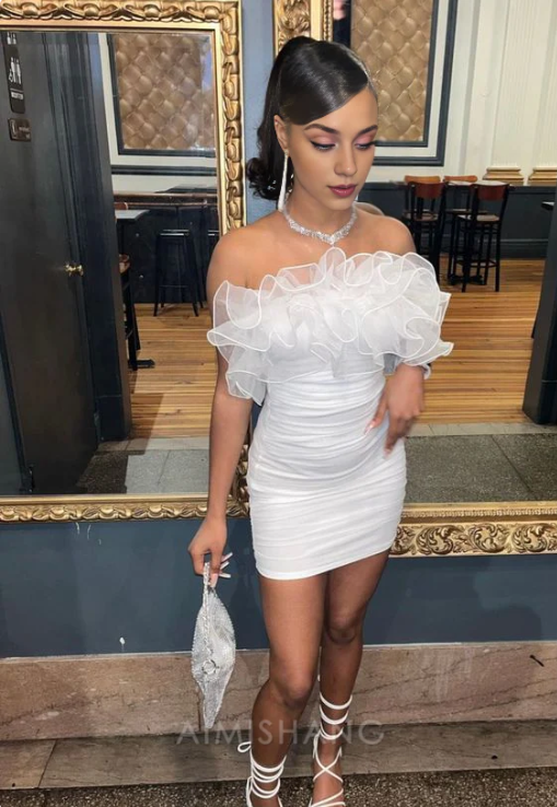Vintage White Strapless Ruffles Homecoming Dress Sheath Bodycon Party Dress Short Cocktail Dress DP6788