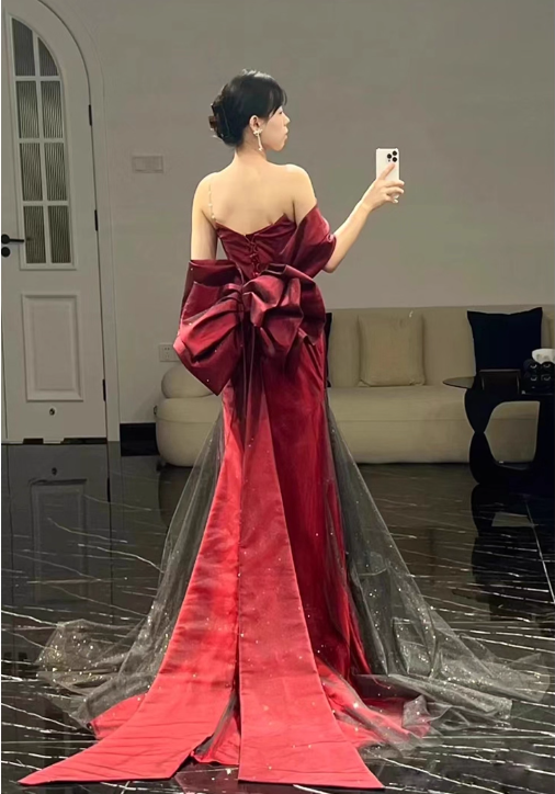 Elegant Burgundy Mermaid Prom Dress Sweetheart Evening Gown Bowknot Party Dress Long Formal Dress DP6791