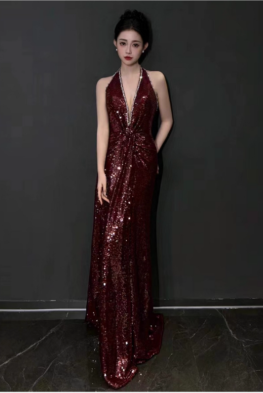 Elegant Burgundy Sheath Prom Dress V-neck Sequin Evening Gown Party Dress Long Formal Dress DP6793