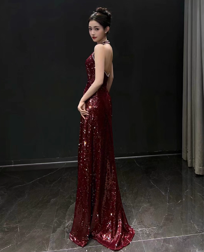 Elegant Burgundy Sheath Prom Dress V-neck Sequin Evening Gown Party Dress Long Formal Dress DP6793