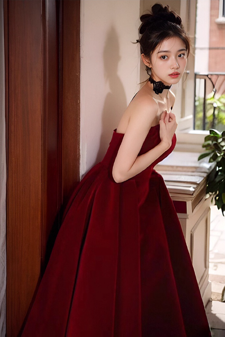 Elegant Burgundy A-Line Prom Dress V-neck Strapless Evening Gown Party Dress Long Formal Dress DP6794