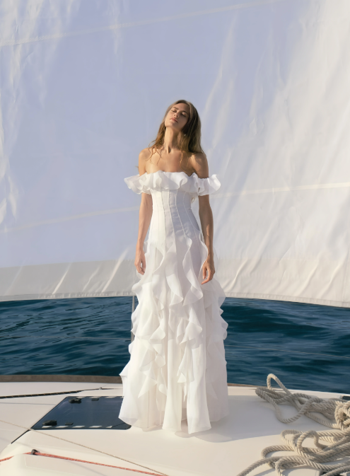 Elegant White Ruffles Prom Dress Off-the-shoulder Evening Gown Party Dress Long Formal Dress DP6796
