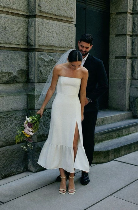 Elegant White Satin Strapless High Slit Sheath Wedding Dress DP6804