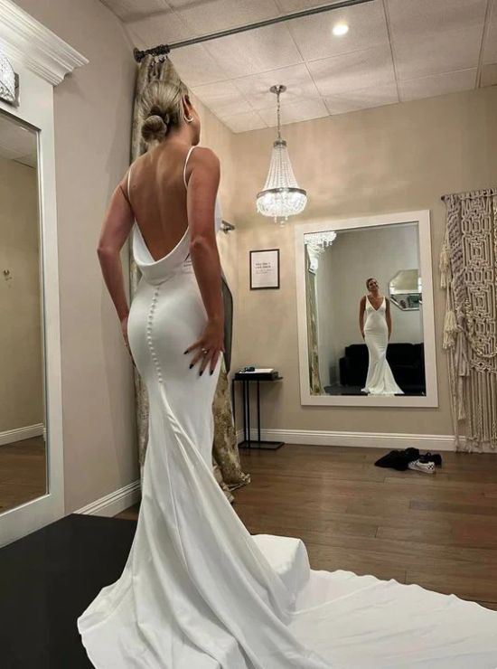 Elegant White Satin Straps V-neck Sheath Trailing Long Wedding Dress DP6803