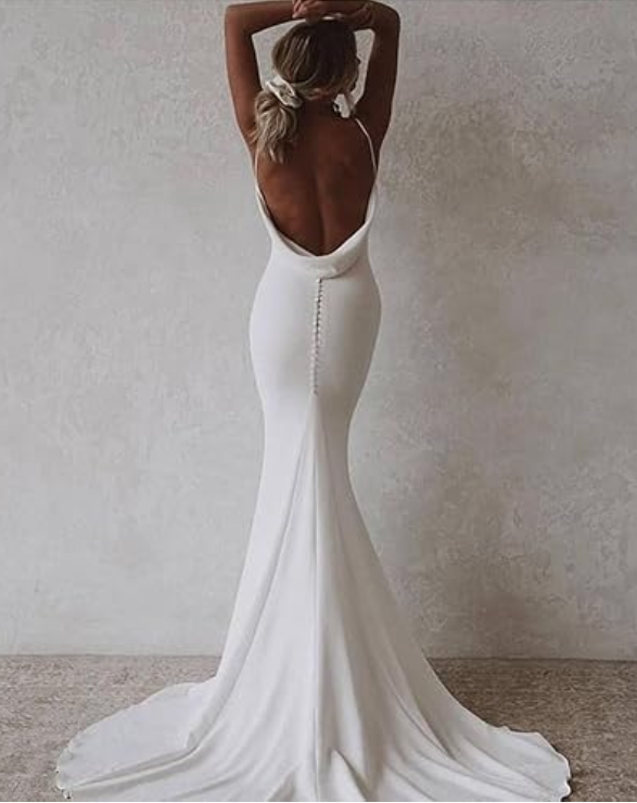 Elegant White Satin Straps V-neck Sheath Trailing Long Wedding Dress DP6803