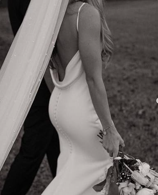 Elegant White Satin Straps V-neck Sheath Trailing Long Wedding Dress DP6803