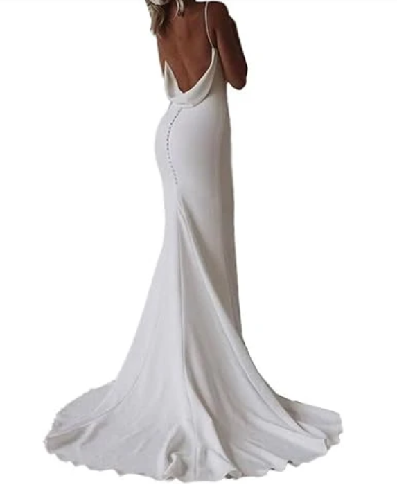 Elegant White Satin Straps V-neck Sheath Trailing Long Wedding Dress DP6803