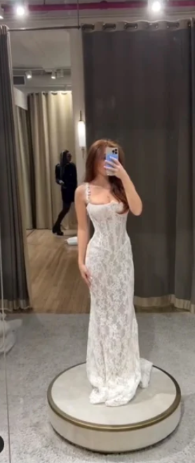 Elegant White Lace Spaghetti Strap Mermaid Trailing Long Wedding Dress DP6798