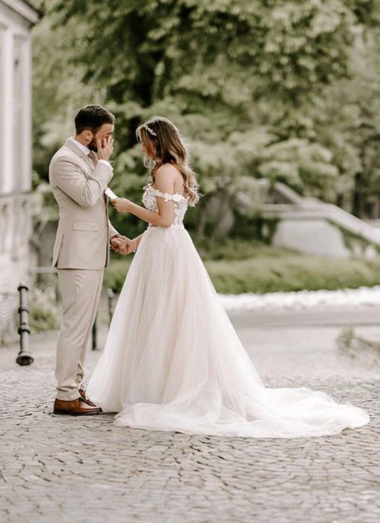 Elegant White Applique Straps A-Line Tulle Trailing Long Wedding Dress DP6797