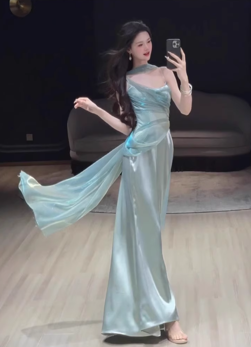 Elegant Aqua Spaghetti Strap Prom Dress Satin Evening Gown Sheath Party Dress Long Formal Dress DP6813