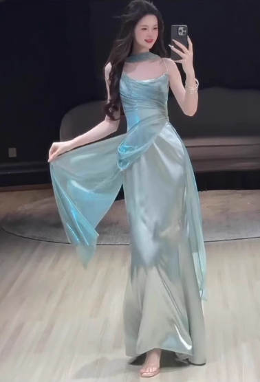 Elegant Aqua Spaghetti Strap Prom Dress Satin Evening Gown Sheath Party Dress Long Formal Dress DP6813