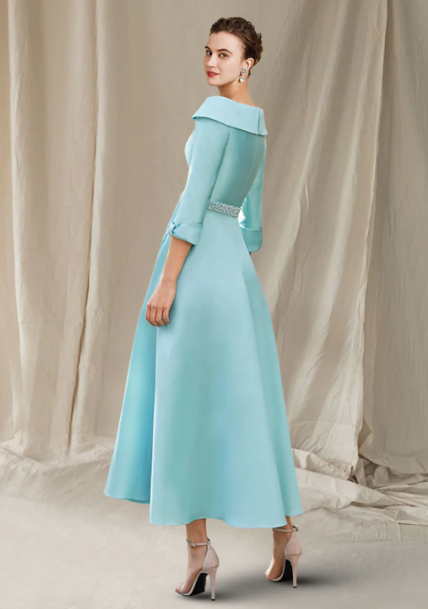 Elegant A-Line Bateau Neck Mother of Bride Dress Sash Ribbon Bow Evening Gown Satin Ankle Length Formal Dress DP6845