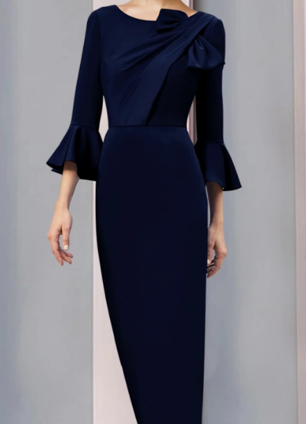 Elegant Navy Blue Sheath Bell Sleeve Mother of Bride Dress Scoop Neck Evening Gown Ankle Length Formal Dress DP6844