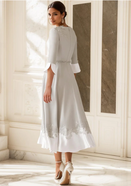 Elegant Appliqued Half Sleeve Mother of Bride Dress A-Line Evening Gown Tea Length Formal Dress DP6841