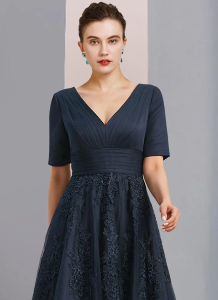 Vintage Appliqued Short-sleeved Mother of Bride Dress V-neck Evening Gown A-Line Long Formal Dress DP6840