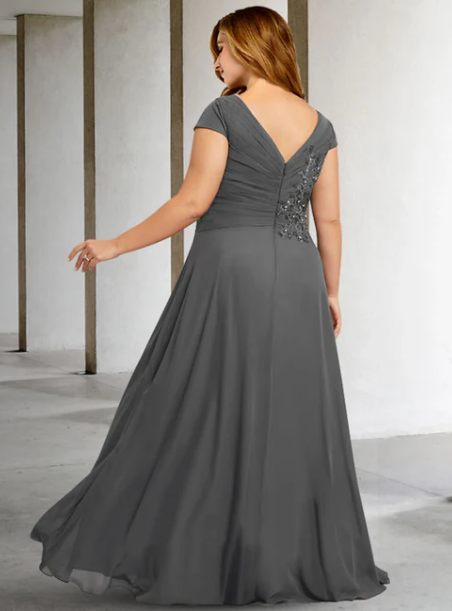 Elegant Gray A-Line V-neck Beaded Mother of Bride Dress Beaded Evening Gown Chiffon Ankle Length Formal Dress DP6847