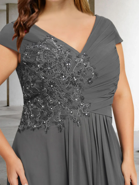 Elegant Gray A-Line V-neck Beaded Mother of Bride Dress Beaded Evening Gown Chiffon Ankle Length Formal Dress DP6847
