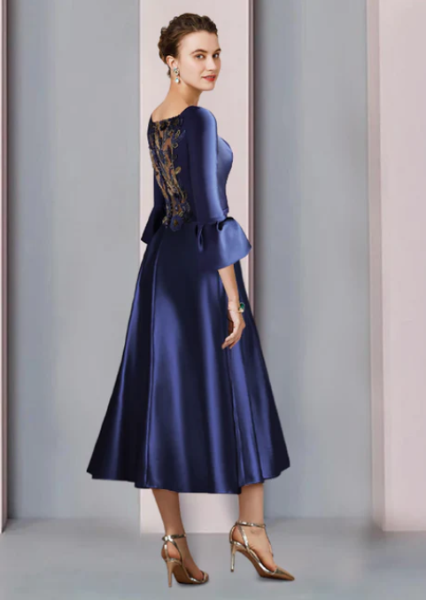 Elegant Embroidery Satin A-Line Mother of Bride Dress Bateau Neck Evening Gown Tea Length Formal Dress DP6849