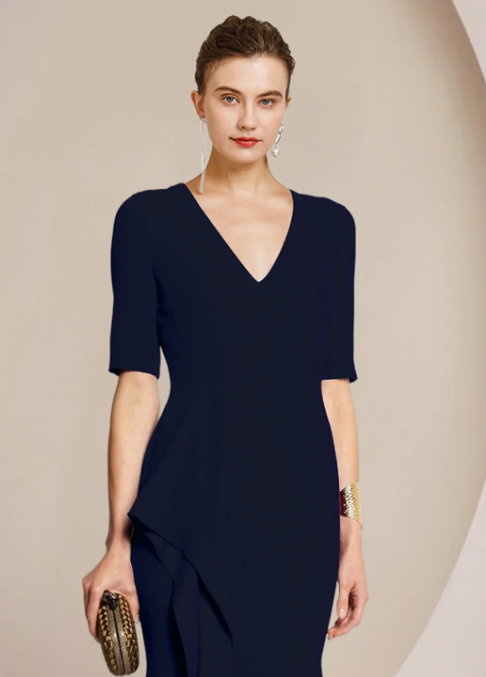 Elegant Navy Blue Sheath V-neck Mother of Bride Dress Slit Evening Gown Long Formal Dress DP6848