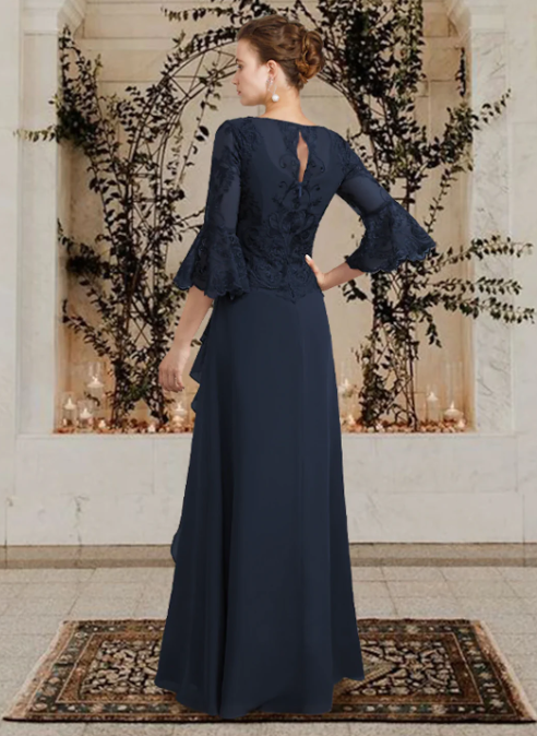 Elegant Navy Blue Embroidery Mother of Bride Dress Jewel Neck Evening Gown Ruffled Long Formal Dress DP6852