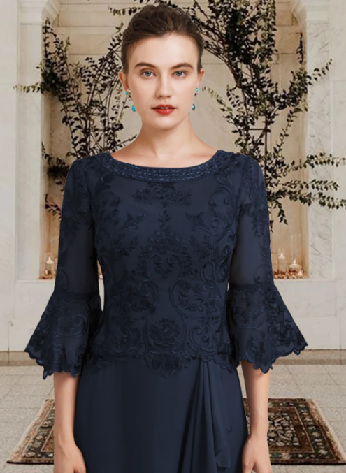 Elegant Navy Blue Embroidery Mother of Bride Dress Jewel Neck Evening Gown Ruffled Long Formal Dress DP6852