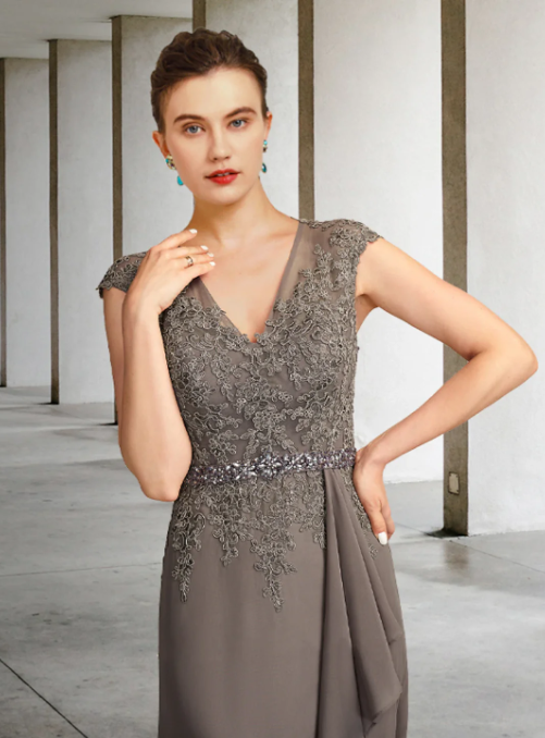 Vintage V-neck Chiffon Applique Mother of Bride Dress Cap Sleeve Evening Gown Floor Length Formal Dress DP6860