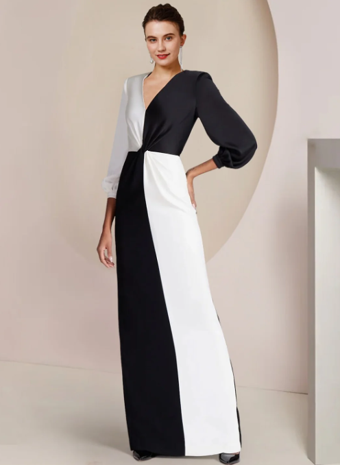 Vintage Sheath V-neck Satin Mother of Bride Dress Long Sleeve Evening Gown Floor Length Formal Dress DP6859