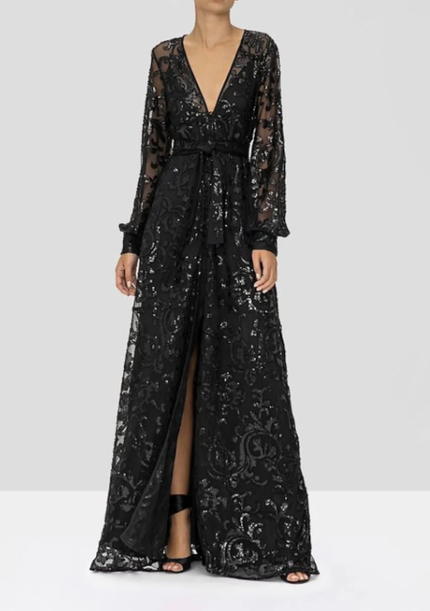 Elegant Black V-neck A-Line Lace Sequined Mother of Bride Dress Long-sleeved Evening Gown Long Formal Dress DP6857