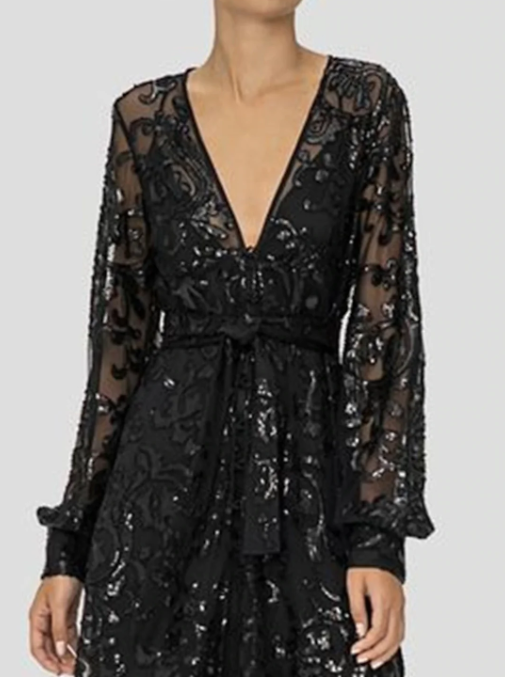 Elegant Black V-neck A-Line Lace Sequined Mother of Bride Dress Long-sleeved Evening Gown Long Formal Dress DP6857
