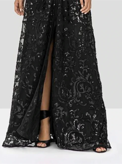 Elegant Black V-neck A-Line Lace Sequined Mother of Bride Dress Long-sleeved Evening Gown Long Formal Dress DP6857