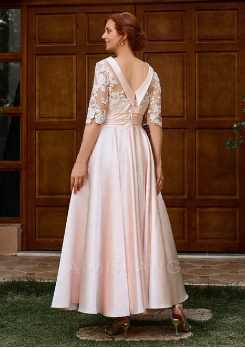 Elegant Pink Satin Mother of Bride Dress Half Sleeve Lace Evening Gown Ankle Length Formal Dress DP6854