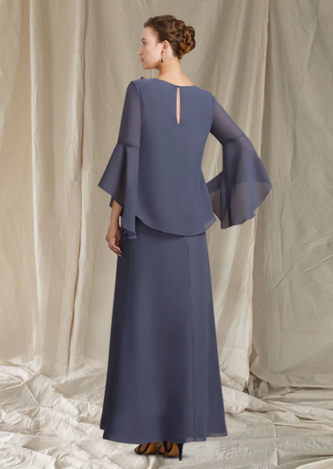 Elegant Chiffon Long-sleeved Two Piece Mother of Bride Dress Jewel Neck Evening Gown Long Formal Dress DP6853
