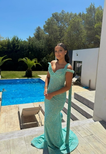 Vintage Turquoise Glittering Sequin Prom Dress Sheath Evening Dress One-shoulder Party Dress Long Formal Dress DP6870