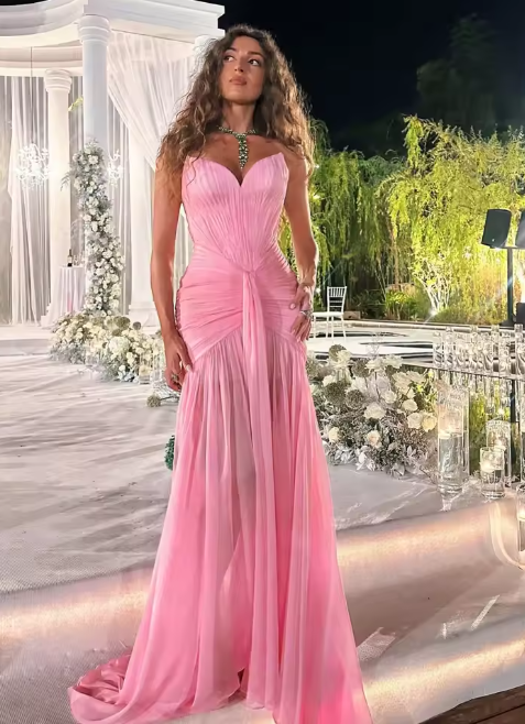 Chic Pink Chiffon Prom Dress Sheath Sweetheart Evening Gown Strapless Pleated Party Dress Long Formal Dress DP6878