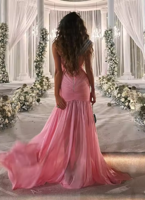 Chic Pink Chiffon Prom Dress Sheath Sweetheart Evening Gown Strapless Pleated Party Dress Long Formal Dress DP6878