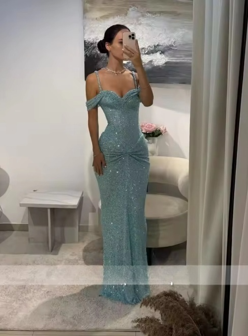 Vintage Glittering Sequin Prom Dress Sheath Sweetheart Evening Gown Spaghetti Strap Party Dress Long Formal Dress DP6888