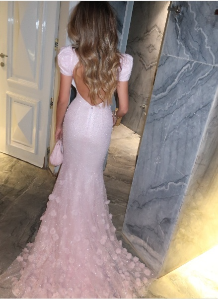 Unique White Mermaid Prom Dress Glittering 3D Flowers Evening Gown Short-sleeved Party Dress Floor-length Formal Dress DP6879